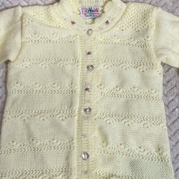 Vintage Heidi Baby Cardigan | Yellow Knit Sweater with Rose Embroidery | Infant - Picture 3 of 8
